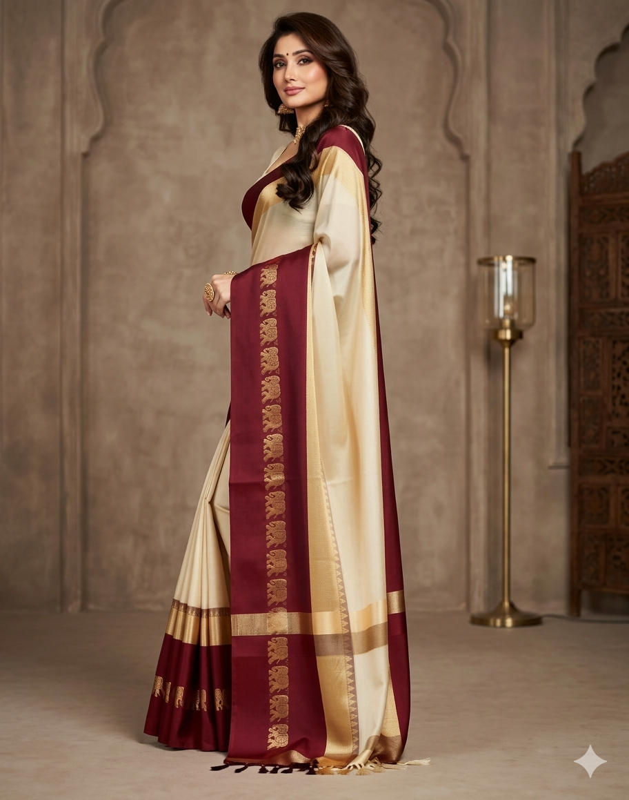 Beige & Maroon Gadwal Saree with Royal Elephant Border