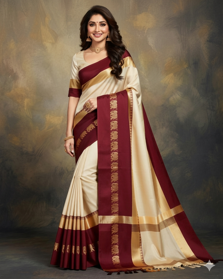 Beige & Maroon Gadwal Saree with Royal Elephant Border