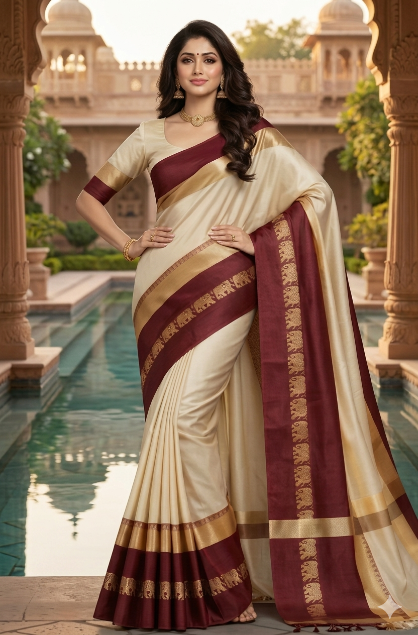 Beige & Maroon Gadwal Saree with Royal Elephant Border