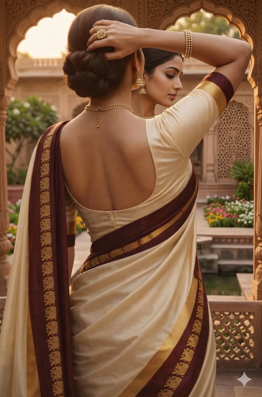 Beige & Maroon Gadwal Saree with Royal Elephant Border