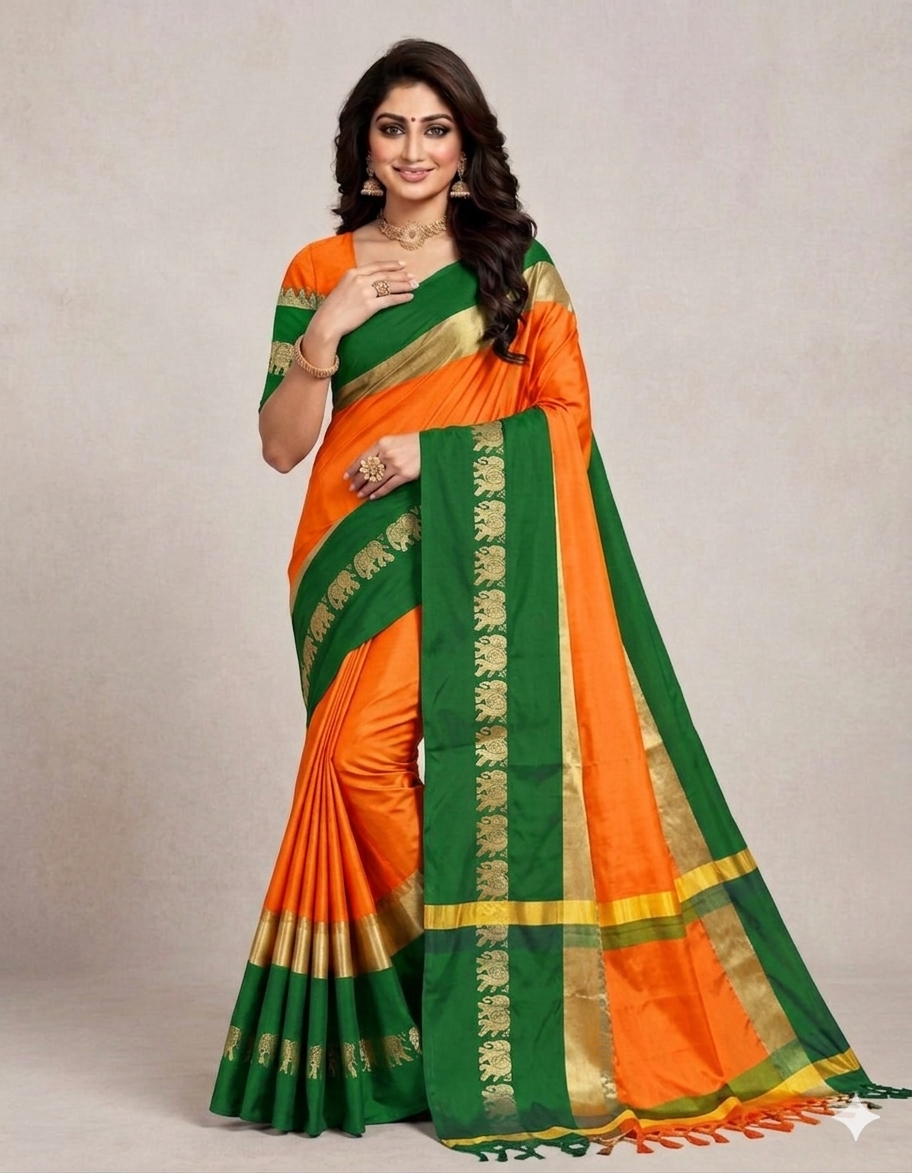 Gold & Green Gadwal Saree with Royal Elephant Border