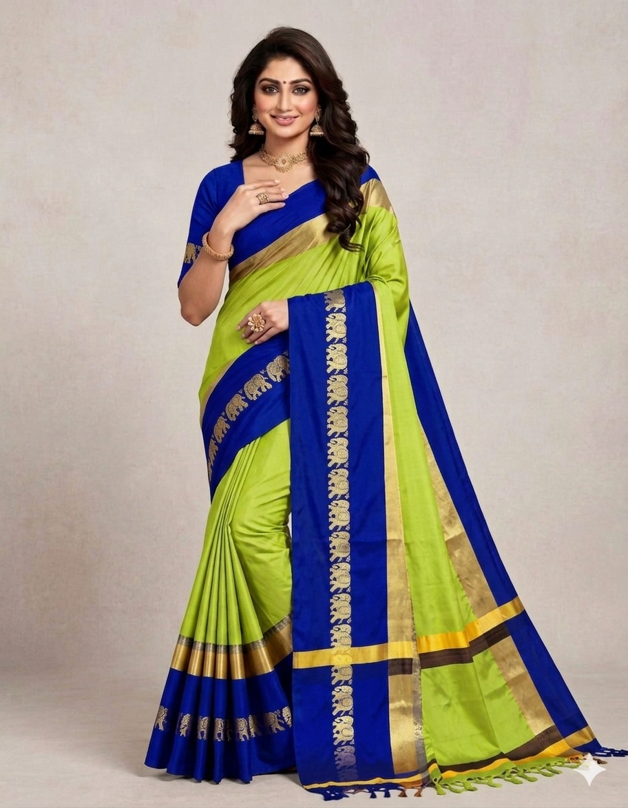 Lemon & Blue Gadwal Saree with Royal Elephant Border