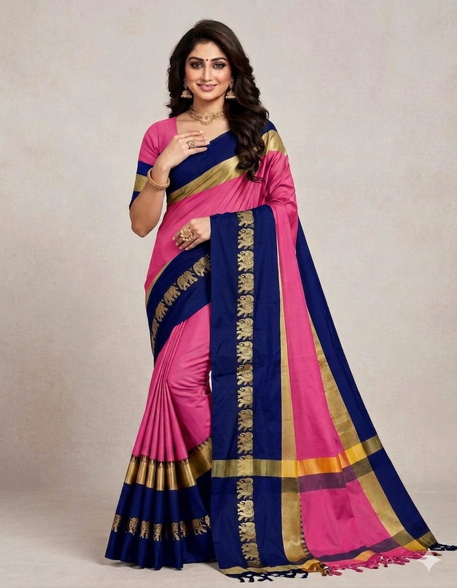 Pink & Navy Blue Gadwal Saree with Royal Elephant Border