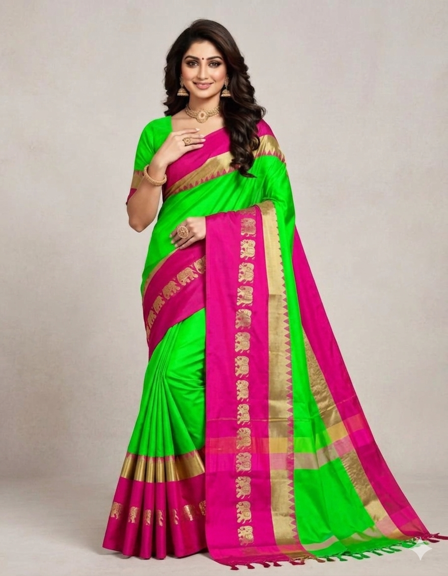 Parraot Green & Pink Gadwal Saree with Royal Elephant Border