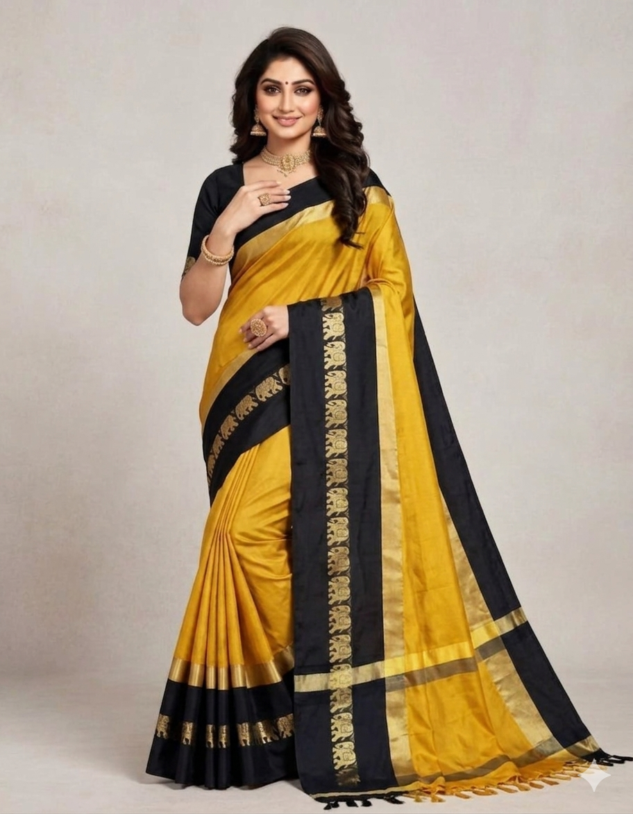 Gold & Black Gadwal Saree with Royal Elephant Border