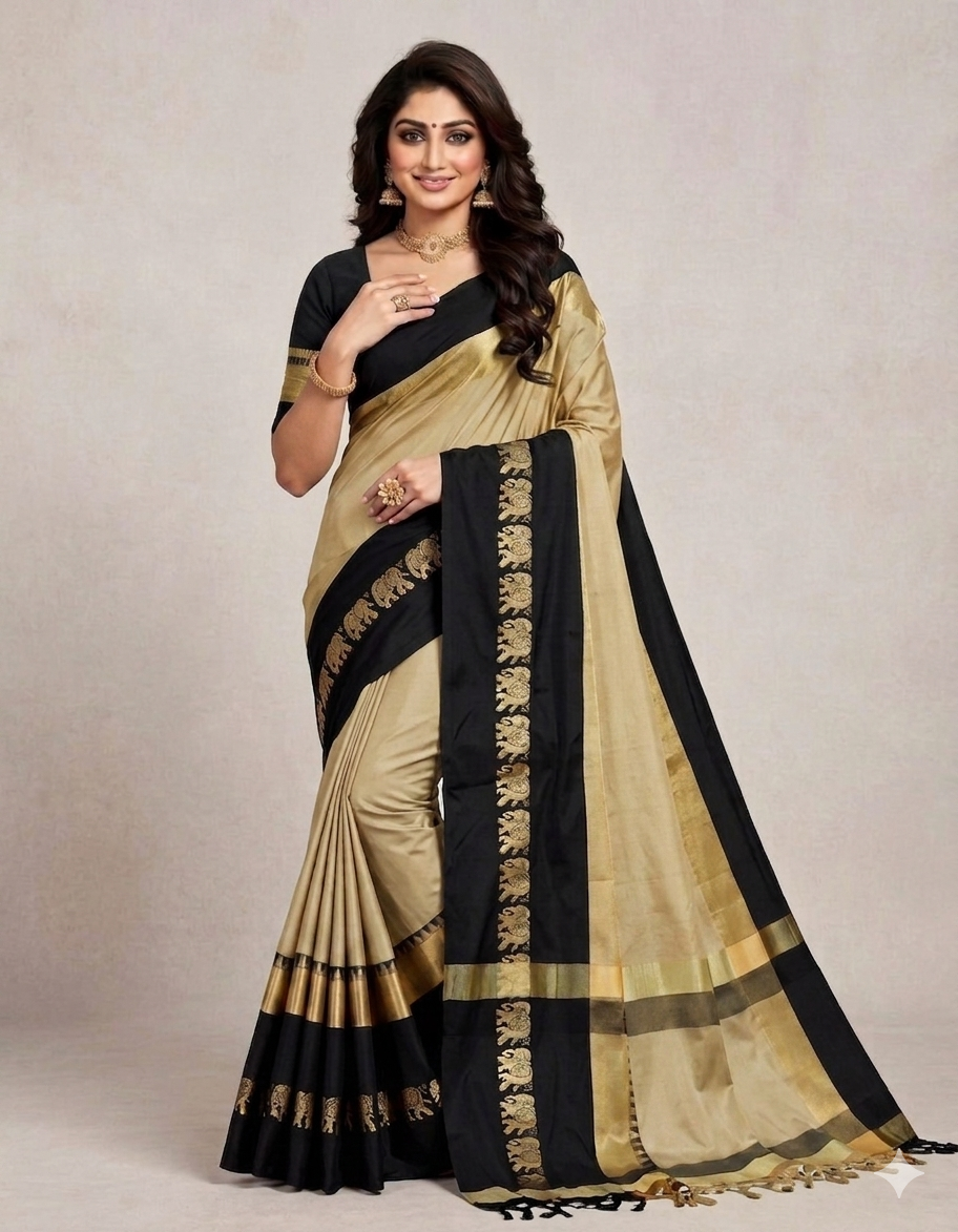 Tassar & Black Gadwal Saree with Royal Elephant Border
