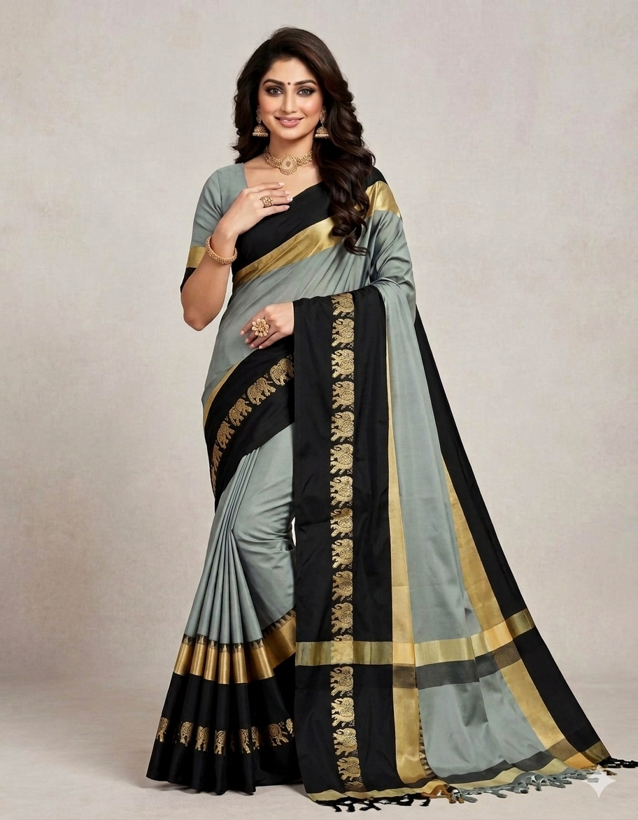 Grey & Black Gadwal Saree with Royal Elephant Border