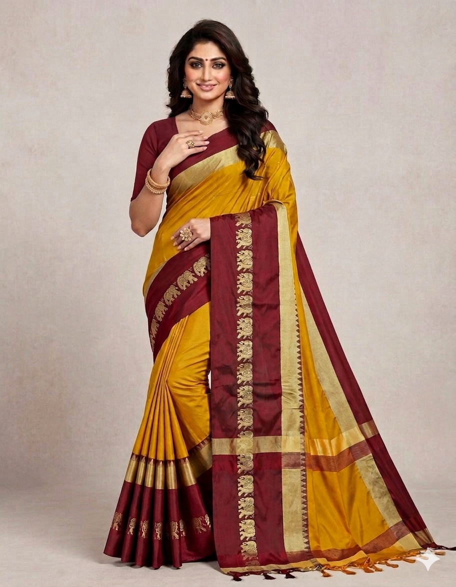 Gold & Brown Gadwal Saree with Royal Elephant Border