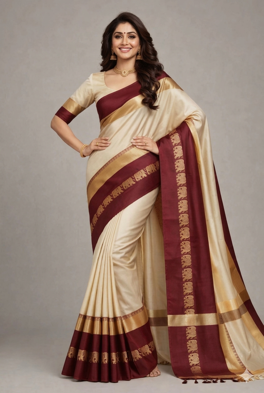 Beige & Maroon Gadwal Saree with Royal Elephant Border