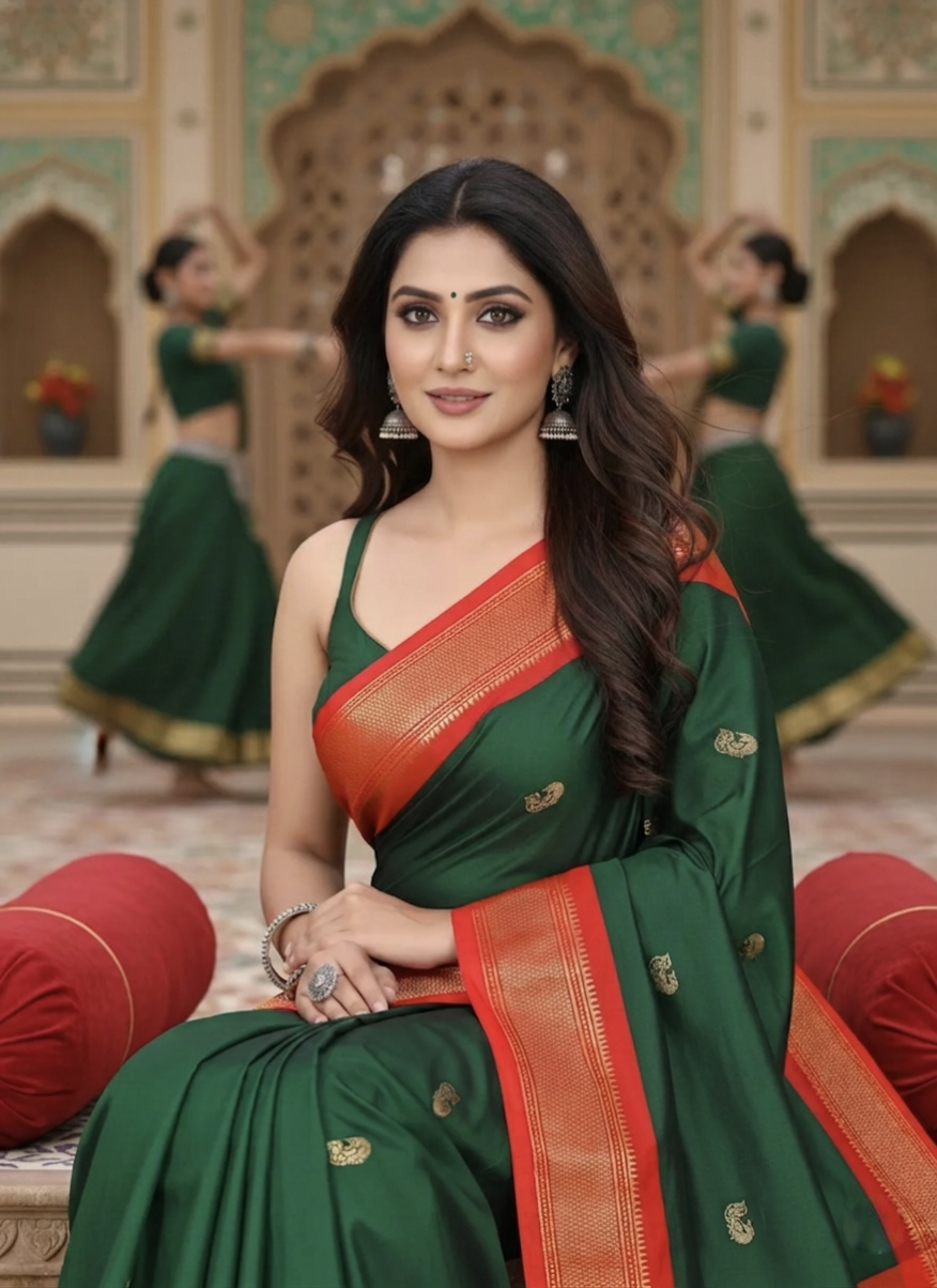 Premium Paithani Silk Saree for Women | Bottle Green & Red Border Traditional Designer Saree