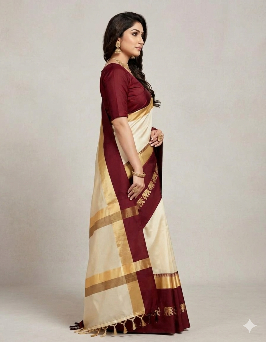 Beige & Maroon Gadwal Saree with Royal Elephant Border