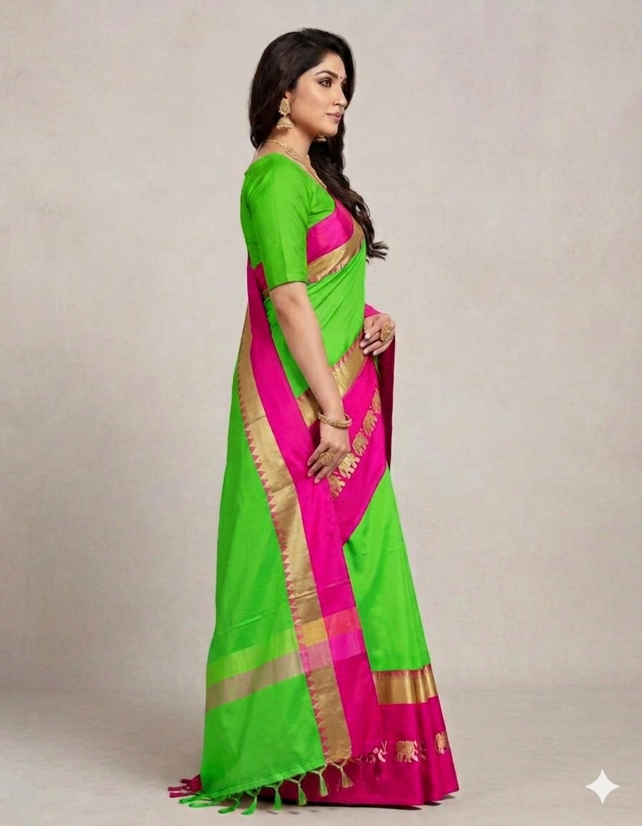 Parraot Green & Pink Gadwal Saree with Royal Elephant Border