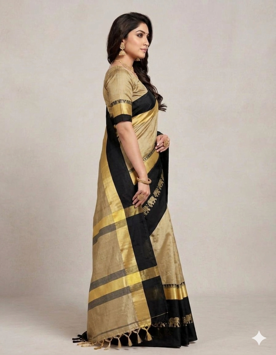Tassar & Black Gadwal Saree with Royal Elephant Border