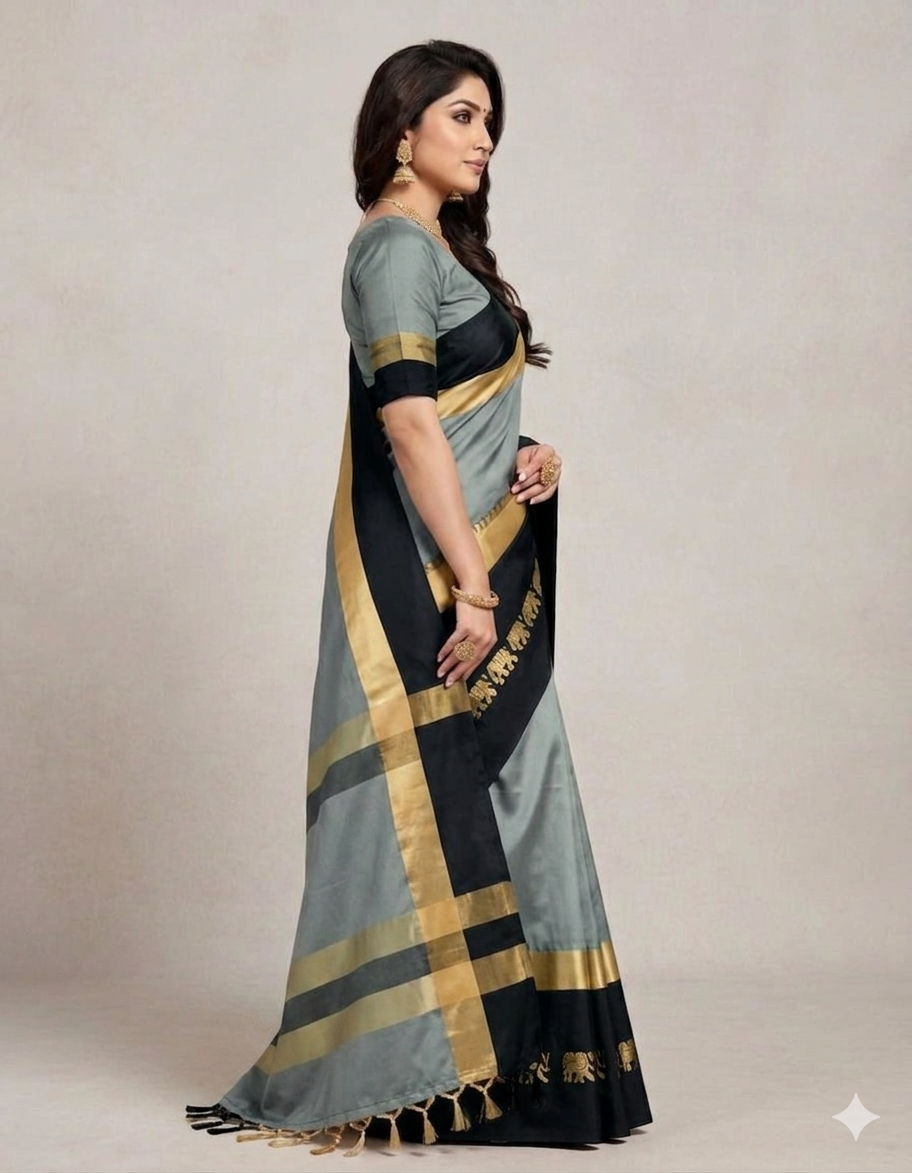 Grey & Black Gadwal Saree with Royal Elephant Border