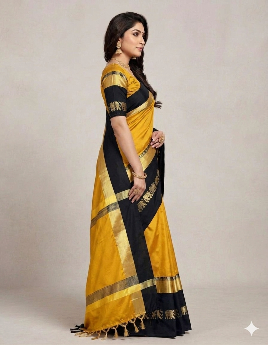 Gold & Black Gadwal Saree with Royal Elephant Border