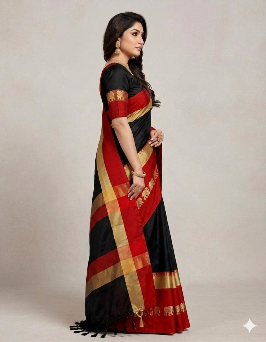 Black & Red Gadwal Saree with Royal Elephant Border