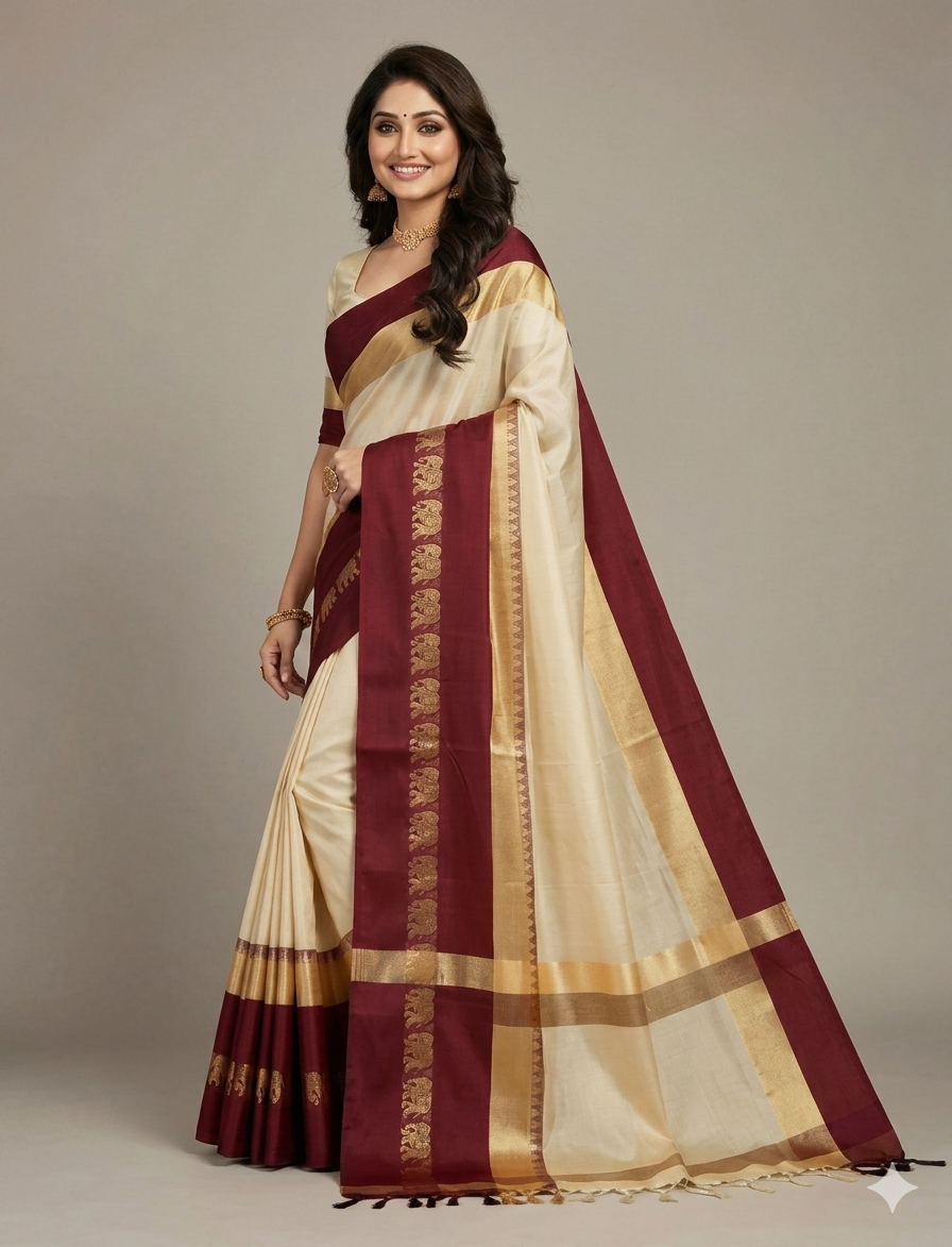 Beige & Maroon Gadwal Saree with Royal Elephant Border