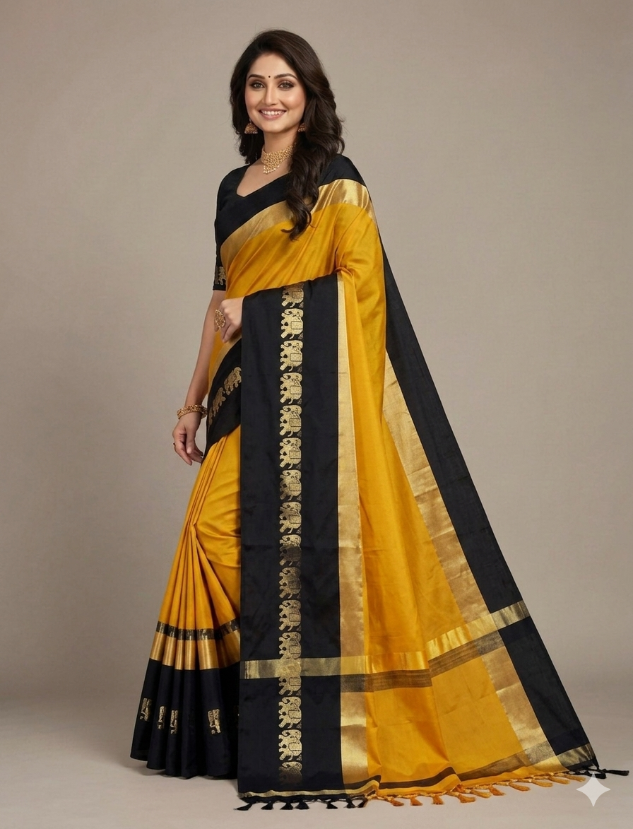 Gold & Black Gadwal Saree with Royal Elephant Border