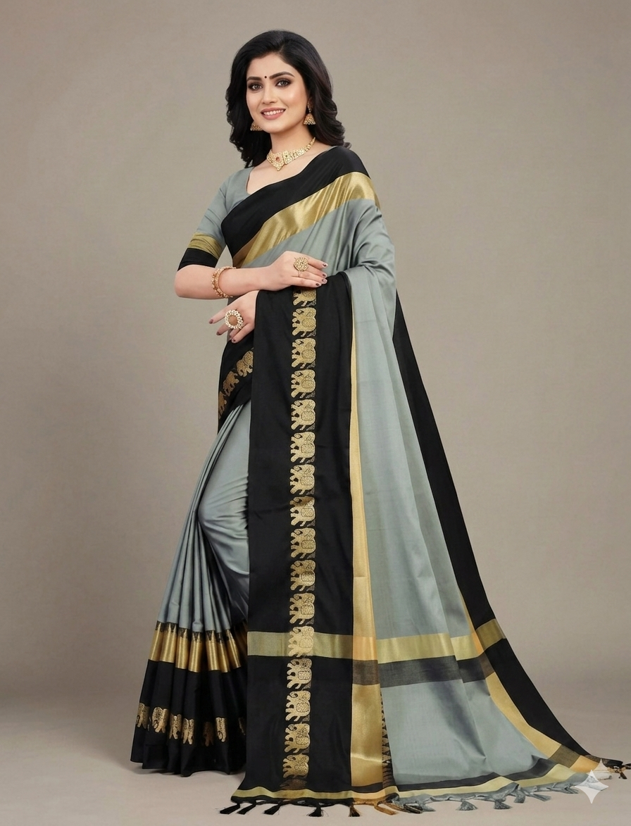 Grey & Black Gadwal Saree with Royal Elephant Border