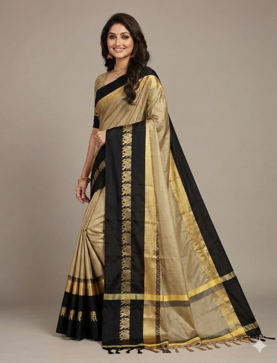 Tassar & Black Gadwal Saree with Royal Elephant Border