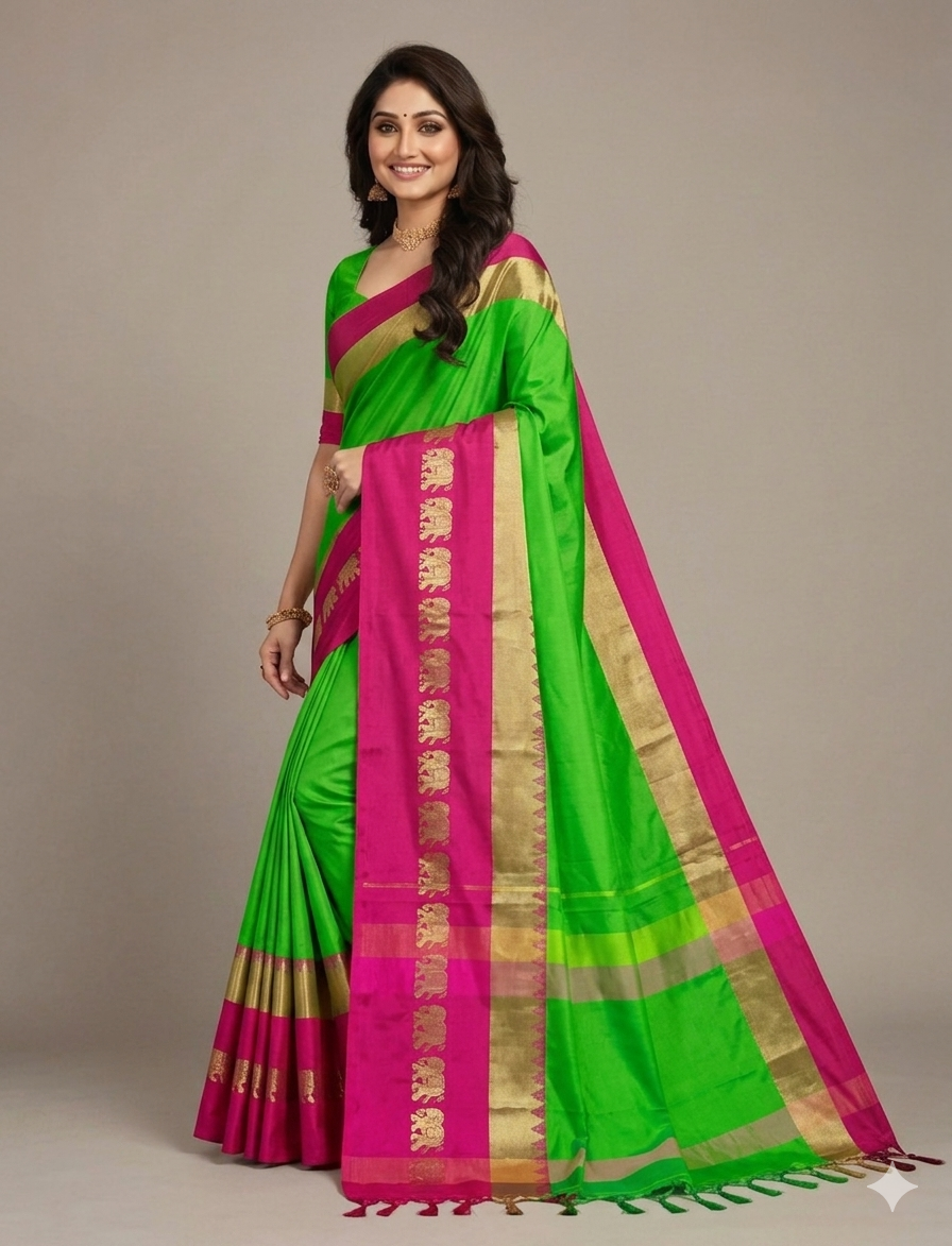 Parraot Green & Pink Gadwal Saree with Royal Elephant Border