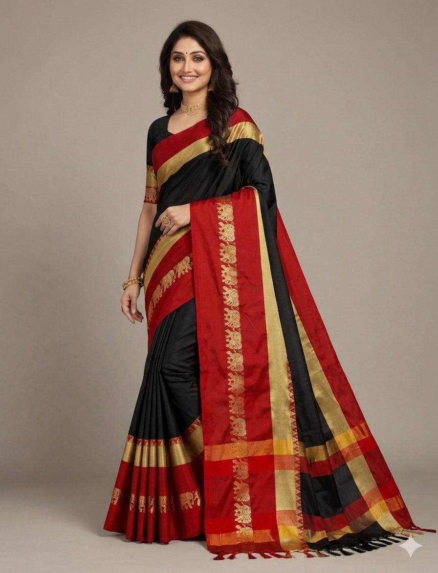 Black & Red Gadwal Saree with Royal Elephant Border