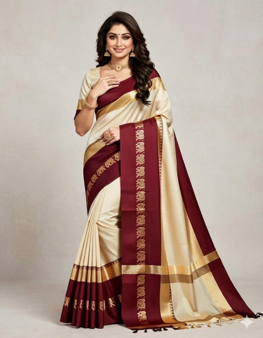 Beige & Maroon Gadwal Saree with Royal Elephant Border