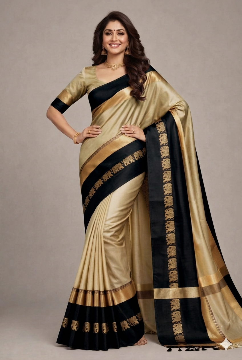 Tassar & Black Gadwal Saree with Royal Elephant Border