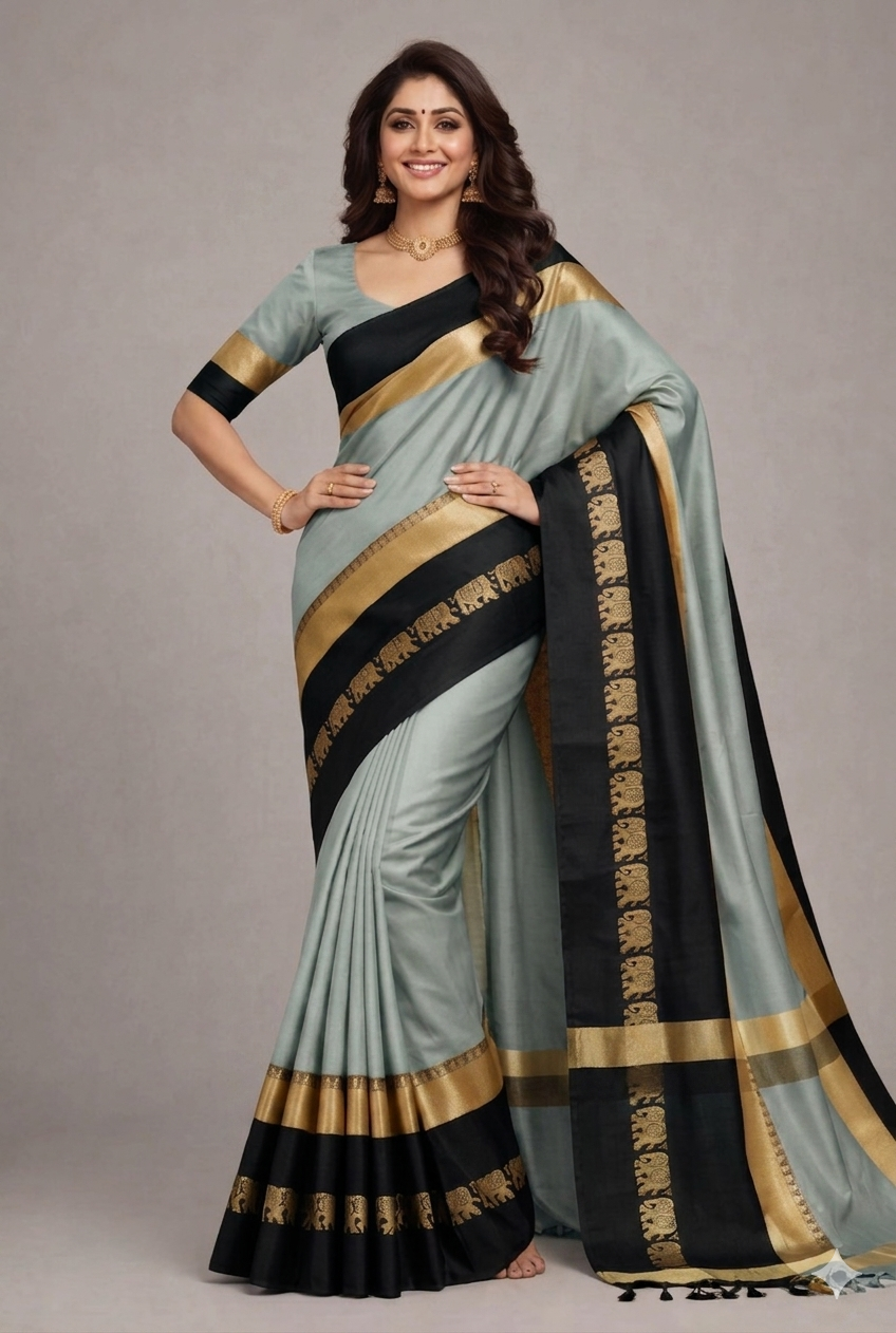 Grey & Black Gadwal Saree with Royal Elephant Border