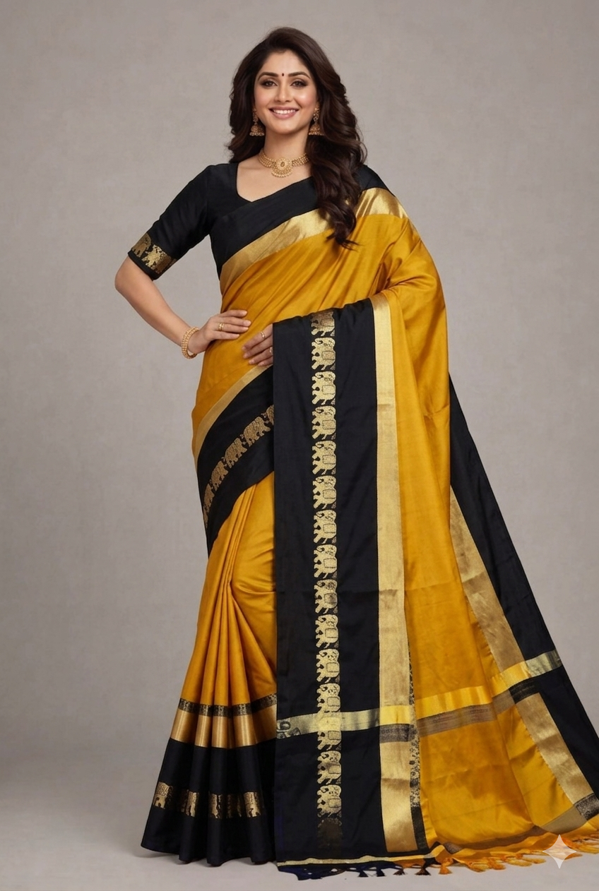 Gold & Black Gadwal Saree with Royal Elephant Border