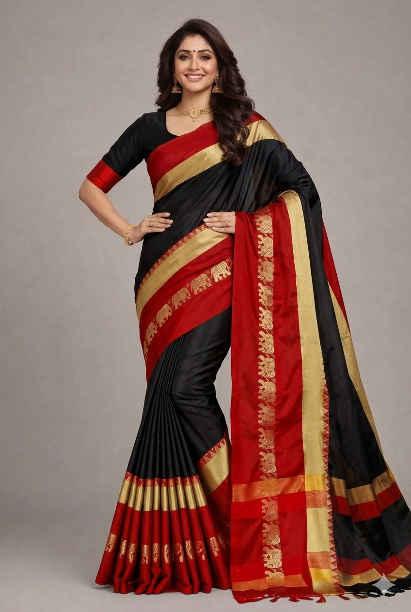 Black & Red Gadwal Saree with Royal Elephant Border