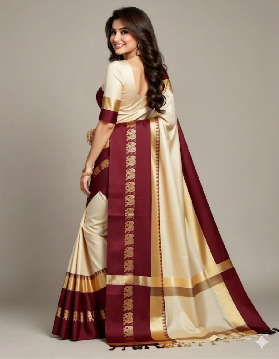 Beige & Maroon Gadwal Saree with Royal Elephant Border