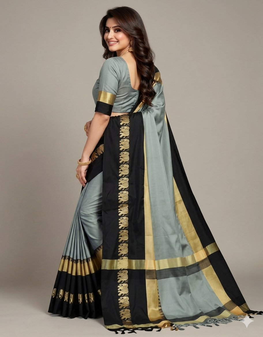 Grey & Black Gadwal Saree with Royal Elephant Border