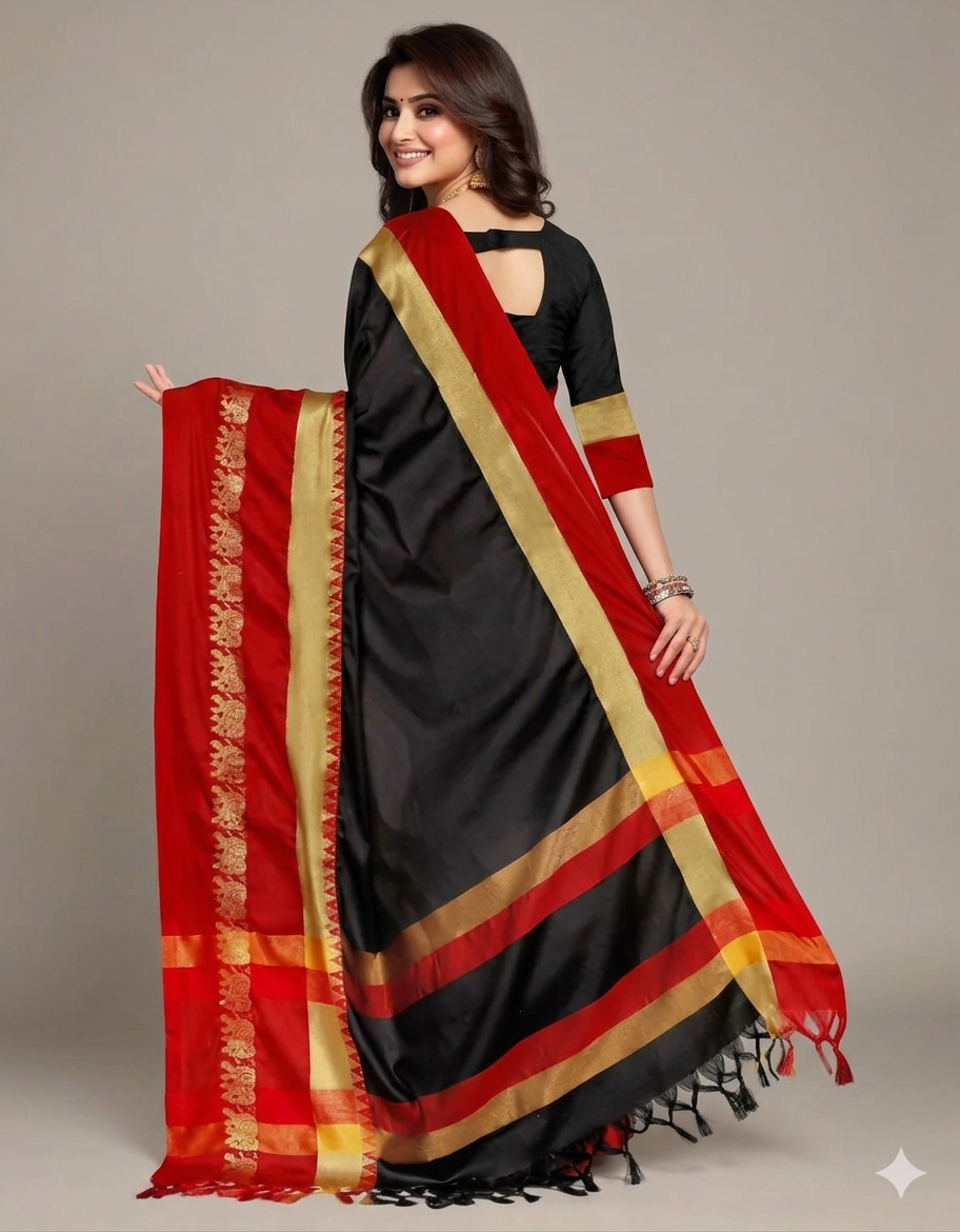 Black & Red Gadwal Saree with Royal Elephant Border