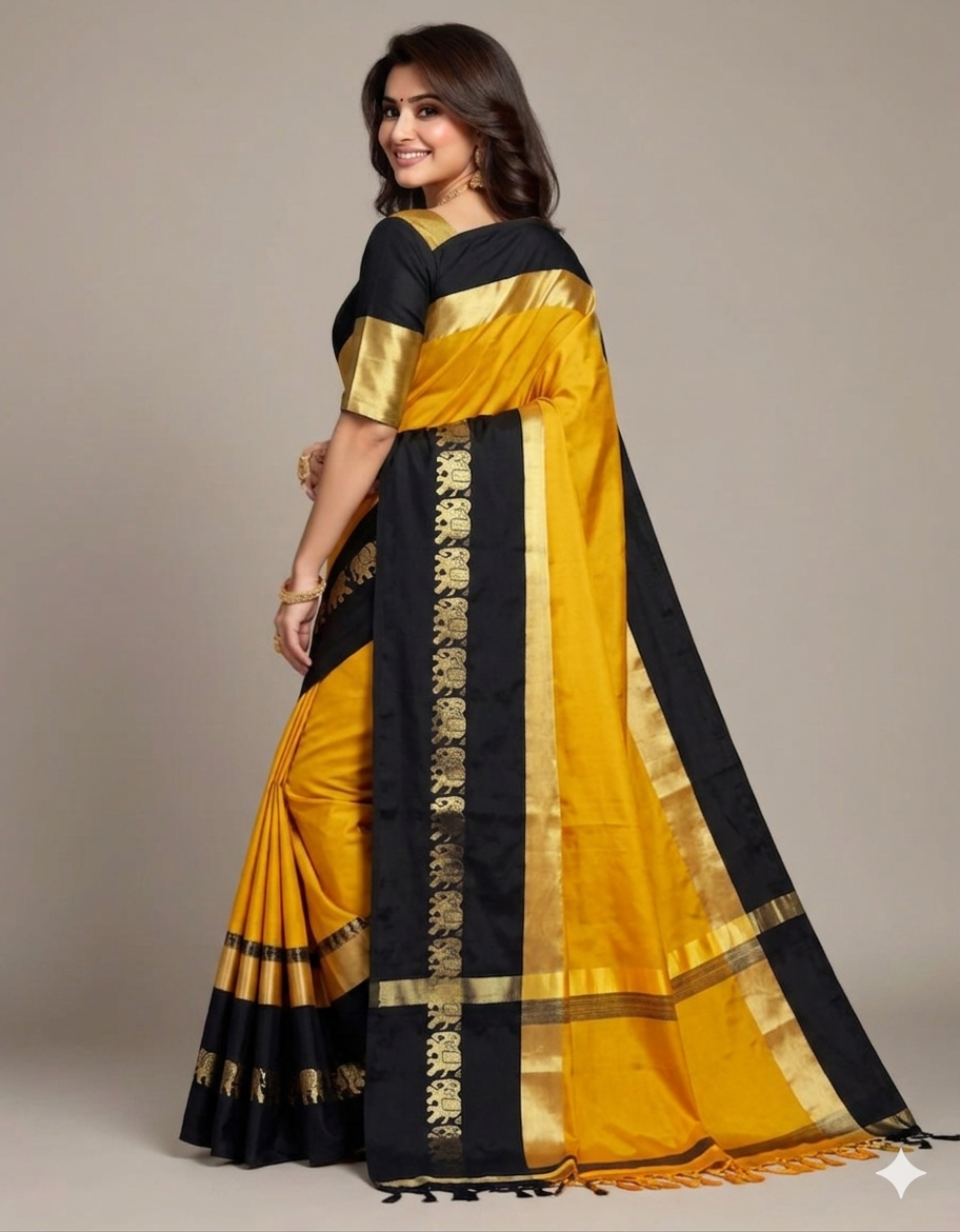 Gold & Black Gadwal Saree with Royal Elephant Border