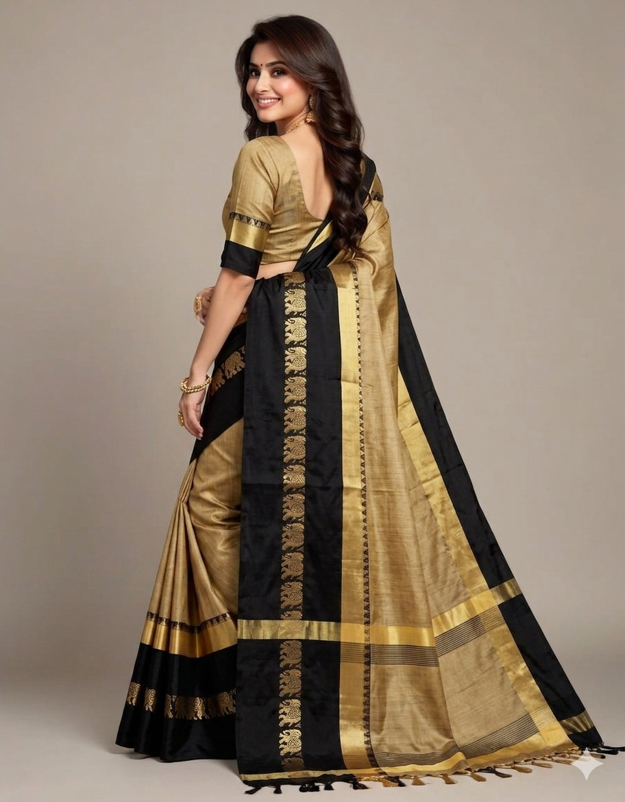 Tassar & Black Gadwal Saree with Royal Elephant Border