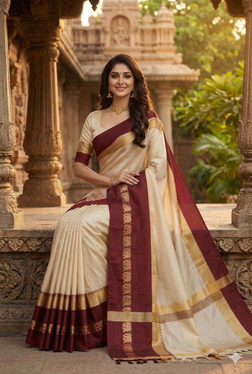 Beige & Maroon Gadwal Saree with Royal Elephant Border