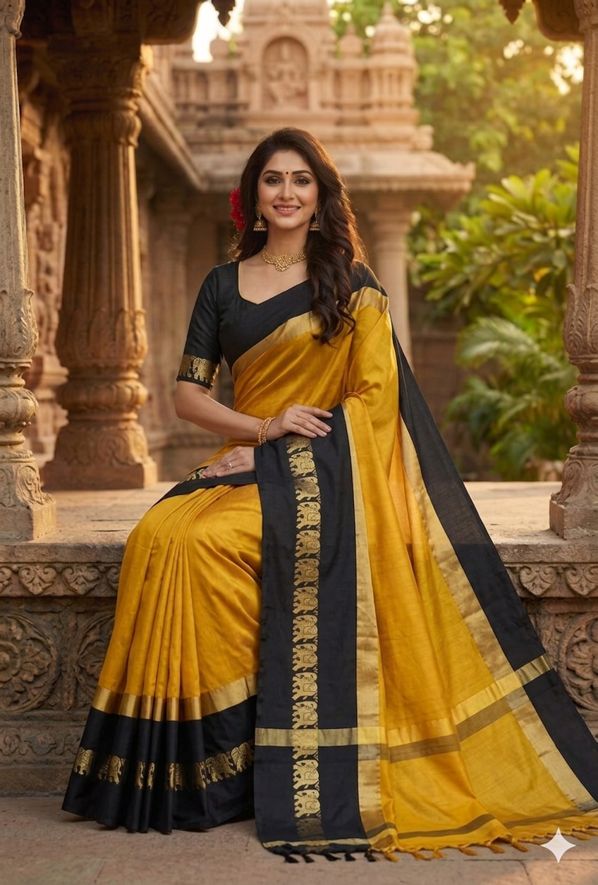 Gold & Black Gadwal Saree with Royal Elephant Border