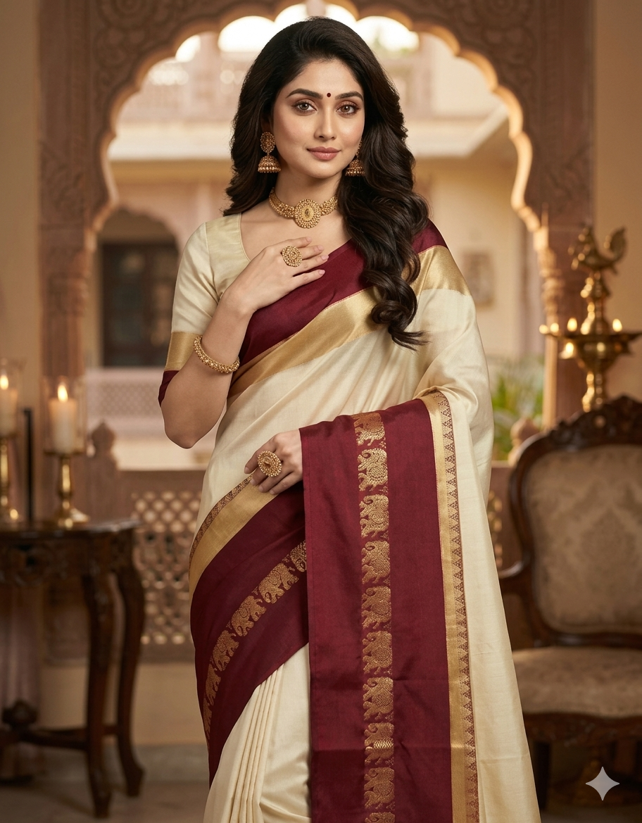 Beige & Maroon Gadwal Saree with Royal Elephant Border