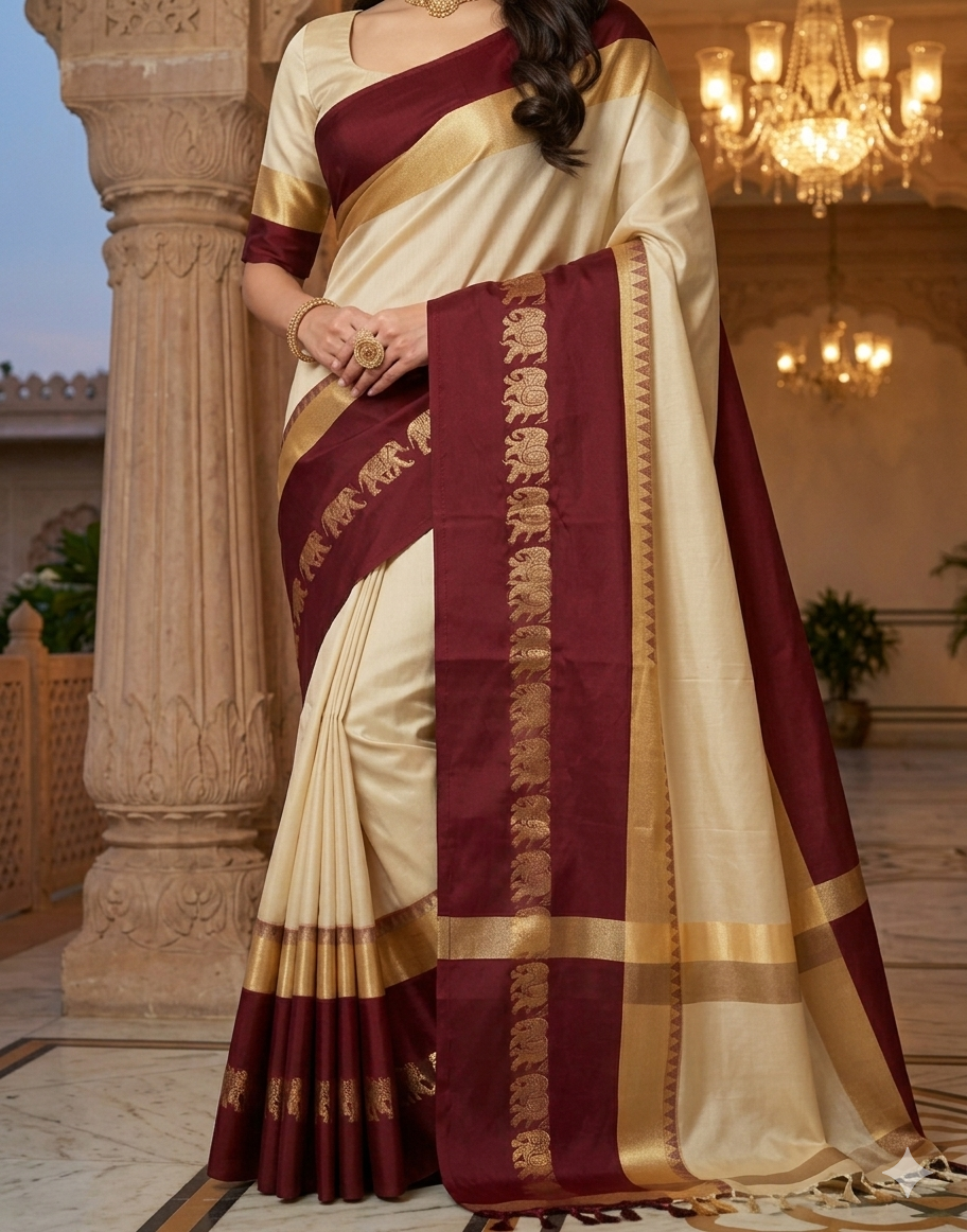 Beige & Maroon Gadwal Saree with Royal Elephant Border
