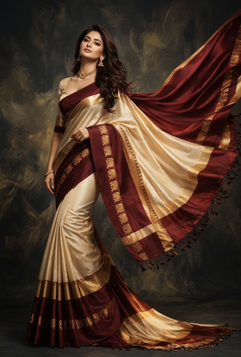 Beige & Maroon Gadwal Saree with Royal Elephant Border