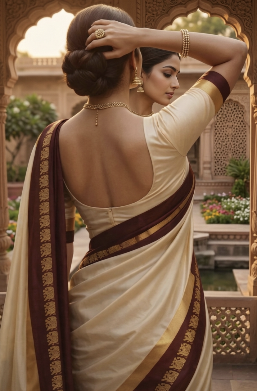 Beige & Maroon Gadwal Saree with Royal Elephant Border