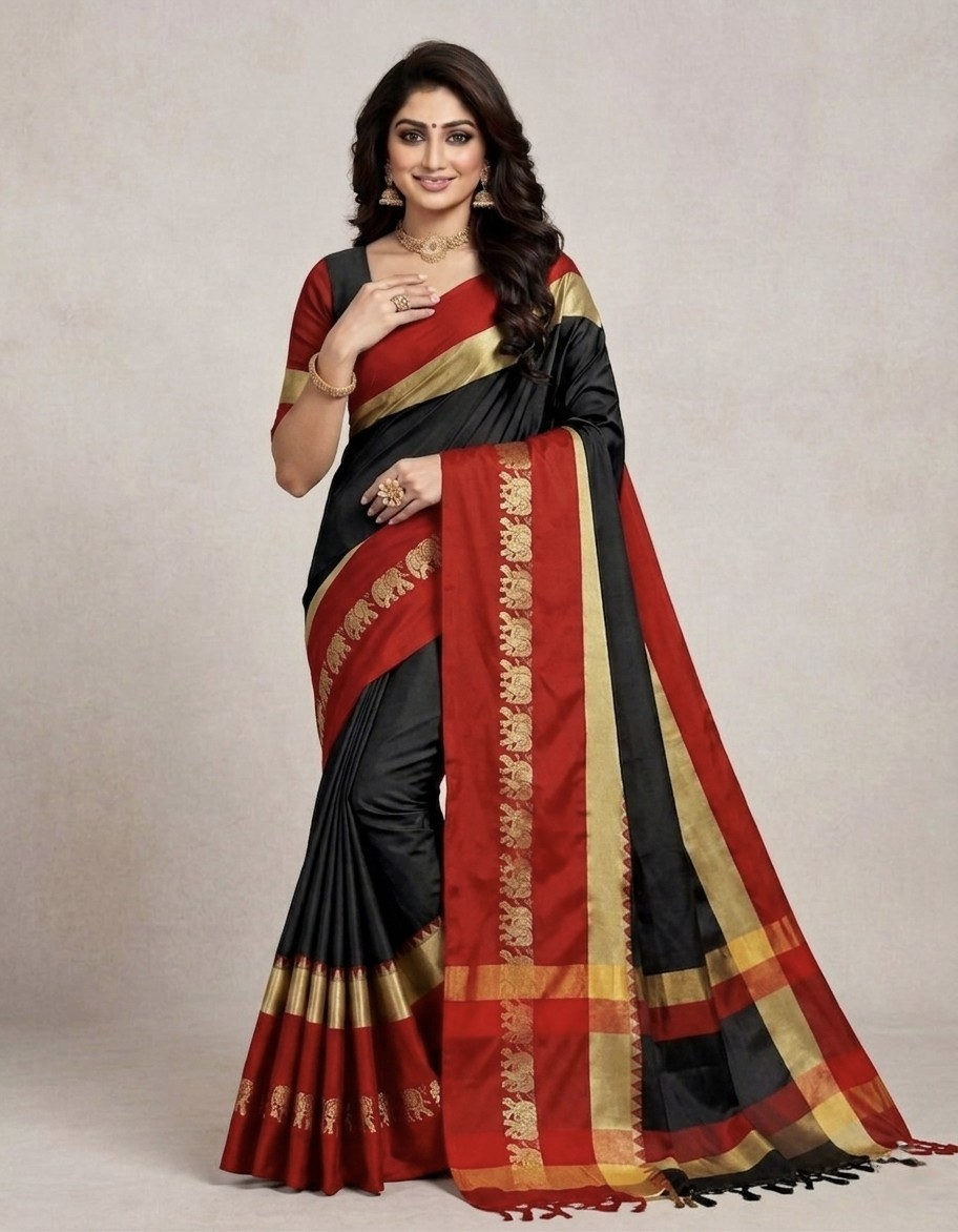 Black & Red Gadwal Saree with Royal Elephant Border