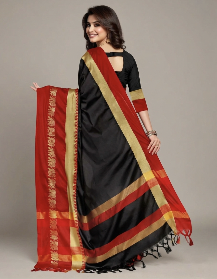 Black & Red Gadwal Saree with Royal Elephant Border