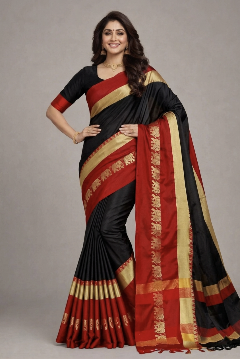 Black & Red Gadwal Saree with Royal Elephant Border