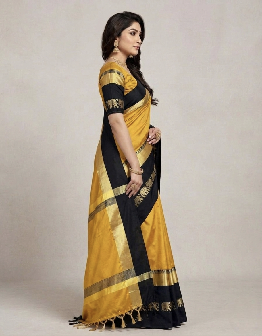 Gold & Black Gadwal Saree with Royal Elephant Border