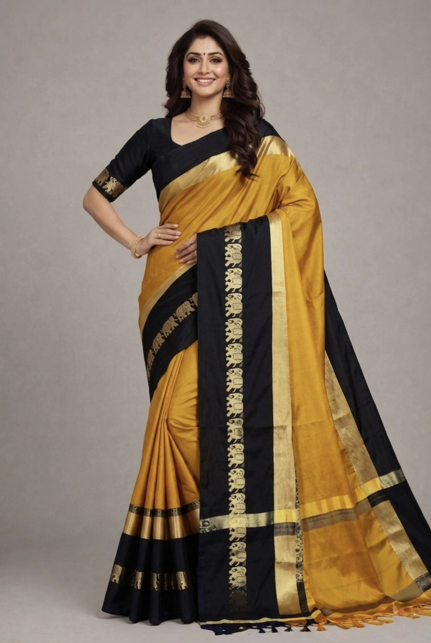 Gold & Black Gadwal Saree with Royal Elephant Border